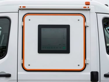 Close-up of a secure, temperature-controlled medical transport container with a digital display, inside a clean, branded vehicle, industrial editorial photography, overcast daylight, high-contrast desaturated tones with safety-orange accents, sharp focus, 35mm lens