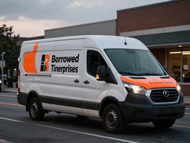 Branded Borrowed Time Enterprises Inc cargo van driving through an urban DC street at twilight, metallic surfaces, clean vehicle lines, industrial editorial photography, overcast daylight, high-contrast desaturated tones with safety-orange accents, sharp focus, 35mm lens