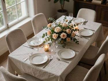 Intimate dining table set for eight, overhead angle, deep botanical centerpiece of garden roses and eucalyptus, cream linen, warm gold candlelight, soft diffused natural light from a tall window at left, no people