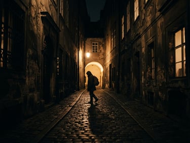 Extreme wide anamorphic film still, dramatic chiaroscuro backlighting, warm tungsten glow, 35mm grain