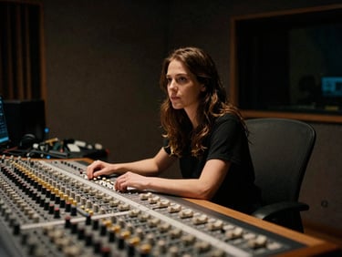 Low-key portrait of a female sound engineer in a recording booth, soft warm glow from a mixing desk, dark background, 35mm grain