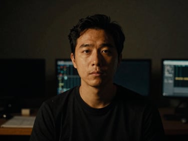 Low-key portrait of a male colorist in a dark grading room, soft amber light reflecting on his face, cinematic 35mm grain