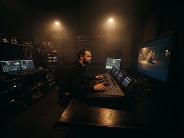 Extreme wide anamorphic film still of a dark grading suite, soft amber tungsten lighting reflecting off high-end console surfaces, cinematic haze, 35mm grain.