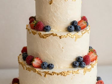 Close-up of a multi-tiered birthday cake decorated with intricate edible gold leaf and fresh berries, soft diffused daylight, elegant overhead flat lay, neutral background.