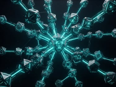 futuristic 3d render of clean geometric blockchain nodes, dark obsidian background, sharp neon teal accents, high-contrast studio lighting, wide 16:9 aspect