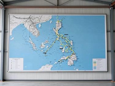 Crisp wide-angle editorial photography of a large physical flight coordination map mounted on a clean hangar wall, showing illuminated route lines across the Philippines, bright daylight.
