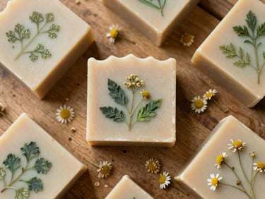 Overhead flat lay of handmade botanical soap bars curing on a rustic wooden tray, sprinkled with dried chamomile flowers, soft natural light.