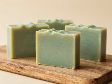 Handmade soap bars curing on a rustic wooden board, warm beige background, organic editorial photography