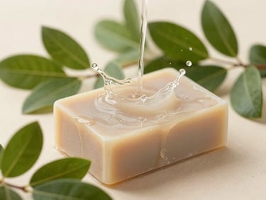 Soft water splashing over a natural beige soap bar, fresh botanical leaves, diffused daylight