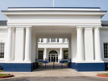 Symmetrical architectural shot of a prestigious military academy entrance, bright natural daylight, clean white and cadet blue tones, 35mm