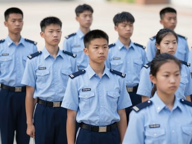 Disciplined cadets in formal training uniforms standing in structured formation, bright daylight, sharp focus, clean cadet blue tones