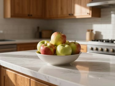 A bright, clean kitchen counter with a bowl of fresh local apples, warm sunlight reflecting off polished wooden cabinets.