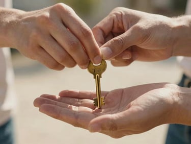 Close-up of hands carefully placing a brass key into a tenant's open palm, warm California daylight streaming from the side.