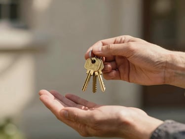 A close-up of hands handing over a set of brass keys to a new tenant, warm afternoon sun casting soft shadows, emphasizing a welcoming human touch.