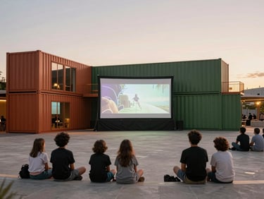 Families watching an outdoor movie screening in the MAG Huechuraba plaza at night, soft light from the screen, container architecture in background.