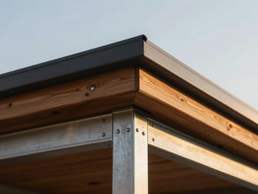 Close-up of flawless steel-to-wood joinery on a modern veranda roof, warm late-afternoon golden hour sun, clean architectural lines.