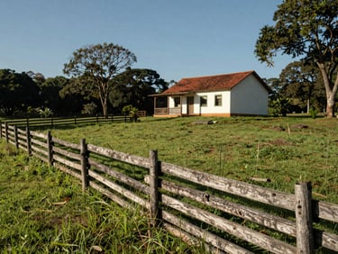 Chácara campestre com gramado verdejante, cercas de madeira e uma pequena casa de campo ao fundo sob luz natural.