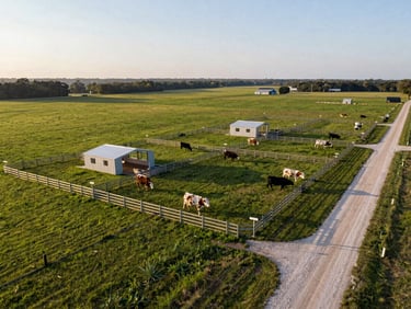 Wide drone shot of a structured cattle ranch with modern fencing, green pastures, and clean gravel access roads under a clear late afternoon sky