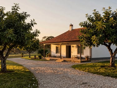 Warm golden-hour view of a country house veranda in Benevides, surrounded by fruit trees and neat gravel pathways, showcasing peaceful rural living.
