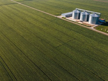 High-altitude aerial view of vast soybean plantation fields with clear boundaries and a modern grain storage facility in the corner