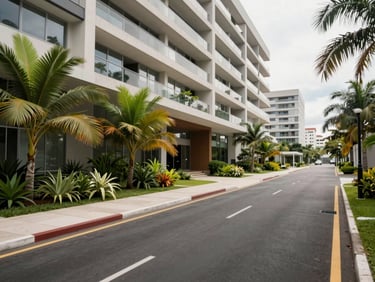 Entrada monumental de condomínio fechado com portaria moderna de linhas retas, asfalto impecável e paisagismo com plantas tropicais