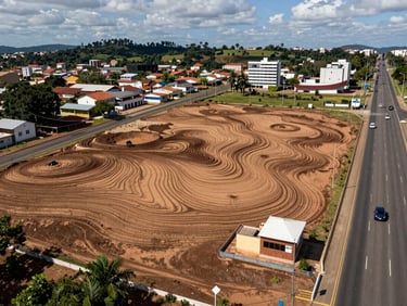 Área de expansão urbana plana com demarcação topográfica profissional, solo argiloso rico e acesso direto à rodovia principal