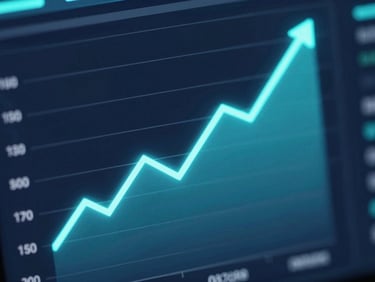 Macro shot of a high-resolution data dashboard showing a steep upward trend line in neon cyan on a dark slate screen