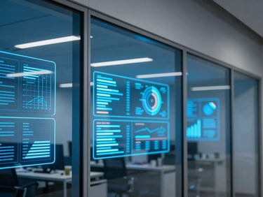 Sharp architectural detail of a modern tech office with glowing analytics screens visible through glass partitions