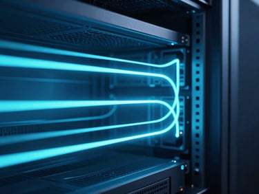 Abstract glowing light trails representing data flow through a server rack, cool blue and neon cyan lighting