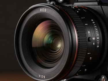 Extreme close-up of a RED cinema camera lens, dramatic low-key side lighting, deep shadows, brushed metal textures, ultra-premium look.