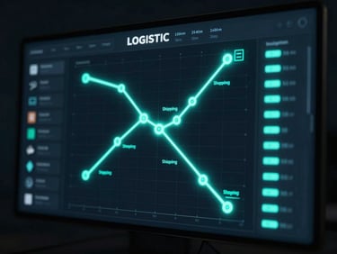 High-fidelity UI mockup of a dark logistics dashboard displaying glowing data nodes and real-time shipping routes, neon-cyan accents, cinematic, 8k