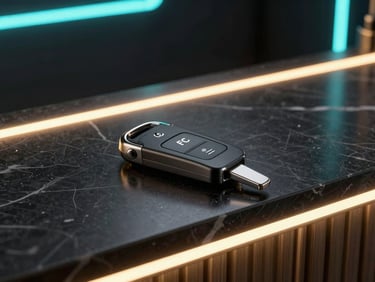 Sleek obsidian NFC room key resting on a dark marble reception counter, warm gold rim lighting, hyper-realistic 3d render, cinematic, 8k