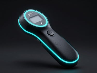 Macro close-up of a sleek black medical NFC scanner with neon-cyan rim lighting in a pristine laboratory, hyper-realistic 3d render, dark obsidian background, octane render, cinematic, 8k