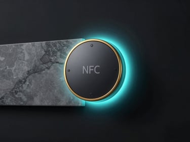 Macro close-up of a sleek, dark metallic NFC-enabled sensor embedded in a minimalist marble wall, illuminated by a precise gold rim light.