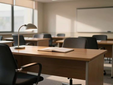 Wide environmental shot of an empty advising workspace, a desk with a lamp on, notebook open, chair pulled slightly out, warm late-afternoon interior light, no people