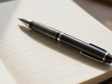 Close-up of handwritten notes on lined paper, a pen resting across the page, soft north-facing daylight casting a gentle shadow, no identifiable faces