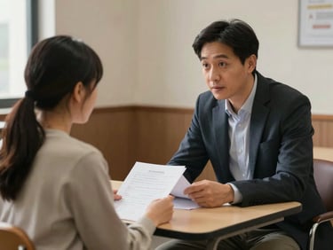 Medium shot of a student and advisor seated across a small table in a quiet room, papers between them, warm interior light, advisor leaning slightly forward listening