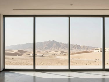 Minimalist corporate office interior in Ras Al Khaimah, floor-to-ceiling windows showing a soft distant mountain backdrop, bright natural light, 35mm lens