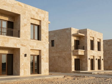 Architectural detail of a modern waterfront villa in Ras Al Khaimah, warm Arabian sunlight casting soft shadows on sand-toned stone facades, 35mm lens