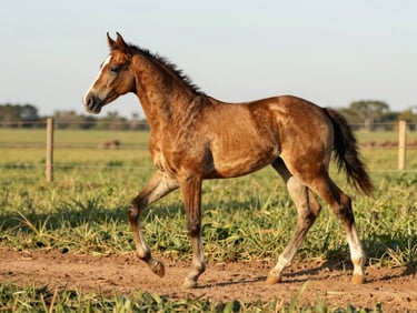 Wide environmental shot of a young Mangalarga Marchador progeny in the marcha gait crossing a dirt track in a sunlit green pasture, full body in motion captured from the side, golden afternoon light, no riders or handlers visible, farm fencing in the far background