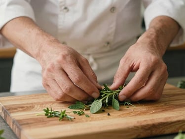 Close-up of chef's hands gently arranging fresh herbs on a rustic wooden cutting board, natural daylight, shallow depth of field, warm editorial photography