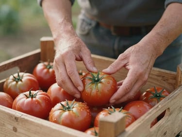 Farmer's hands sorting freshly picked heirloom tomatoes in a wooden crate, morning light, earthy muted tones, shallow depth of field, warm editorial photography