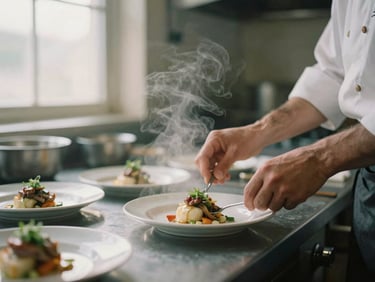 Chef's hands carefully plating a dish in a bustling kitchen, steam rising, natural light from a window, shallow depth of field, 35mm film look