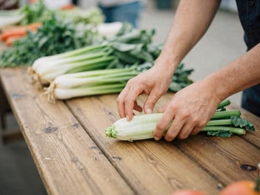 Hands arranging fresh produce on a rustic wooden table at an outdoor market, natural overcast daylight, earthy muted tones, shallow depth of field, 35mm film look