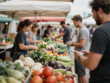 Bustling outdoor farmer's market stall with various fresh produce, candid moments, natural overcast daylight, shallow depth of field, warm editorial photography