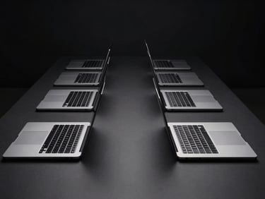 Wide symmetrical shot of a fleet of pristine space gray MacBooks aligned perfectly on a minimalist black surface, dramatic high-contrast studio edge-lighting, deep shadows.