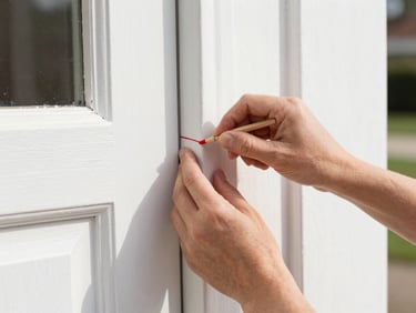 Close-up of a painter's hands carefully applying a clean crimson red accent line to a historic door frame, bright Southern daylight, sharp focus.