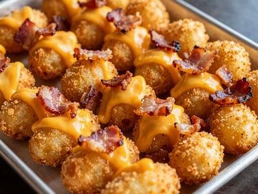Close-up of a metal tray filled with golden crispy loaded tots, melted cheese, chopped bacon, vibrant editorial food photography