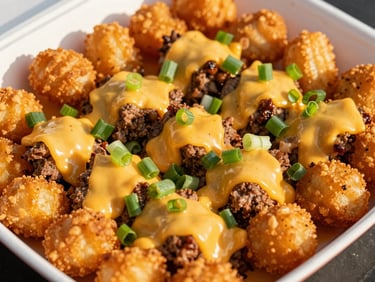 Close-up of loaded tater tots topped with chopped cheeseburger meat, melted cheese, and green onions in a food truck container, vibrant editorial food photography