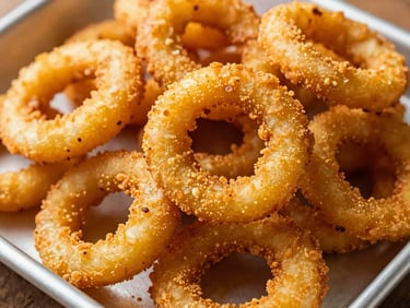 Close-up of golden fried onion rings stacked on a metal tray, crispy battered texture, warm lighting, editorial food photography